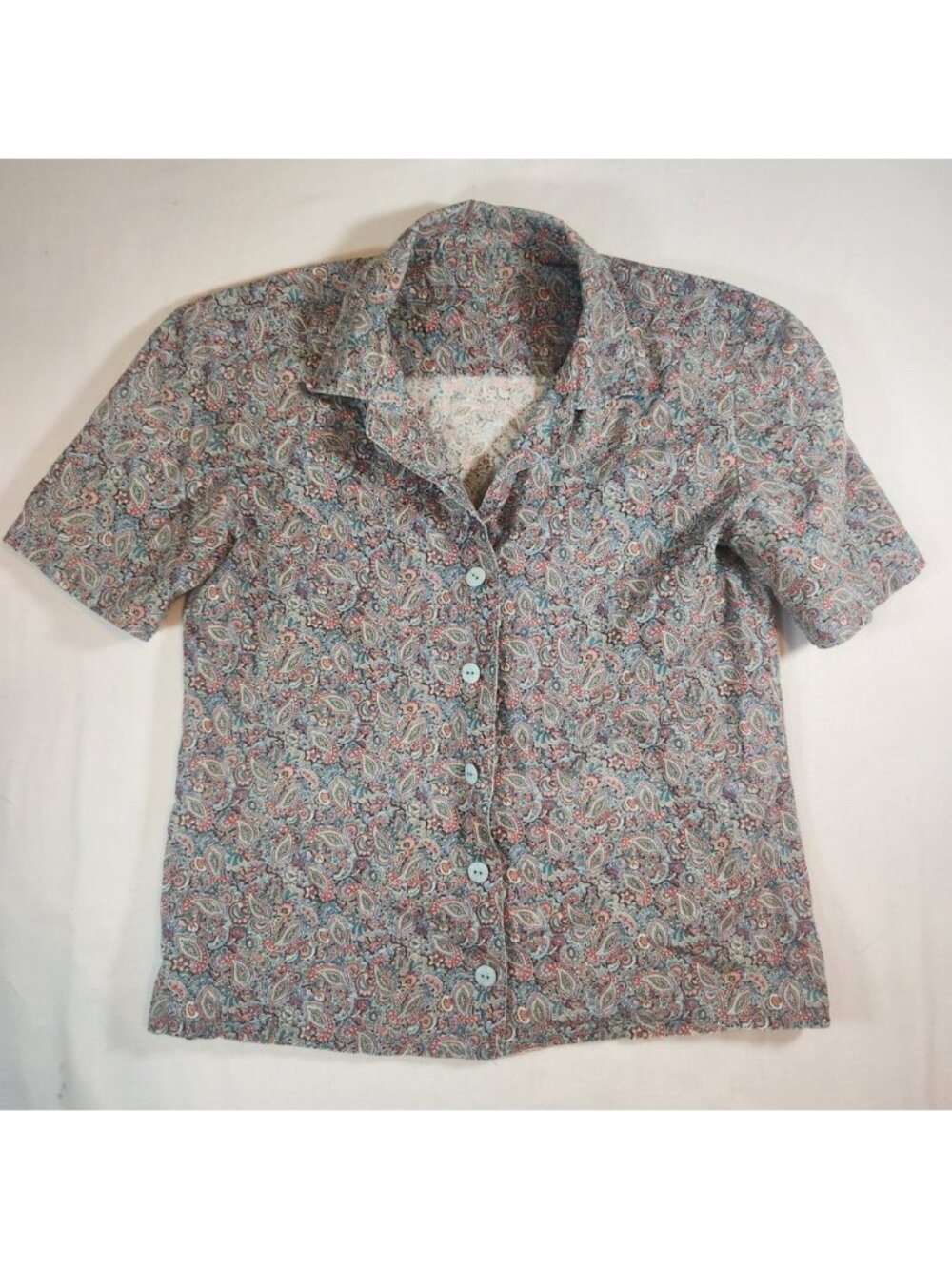 50s Vintage Handmade Paisley Button Down Shirt Short Sleeve Blue Red Multi Color